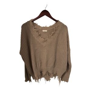Women’s Distressed Long Sleeve Sweater By MainStrip, Tan/Beige, V Neck, Medium